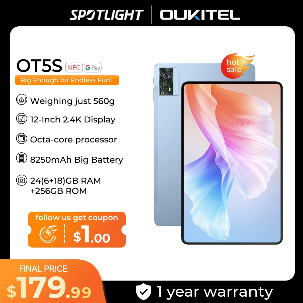 Oukitel OT5S 태블릿 PC, 안드로이드 13, 16MP 카메라, MTK, 12 인치, 60Hz, 24GB RAM, 256GB ROM, 8250mAh