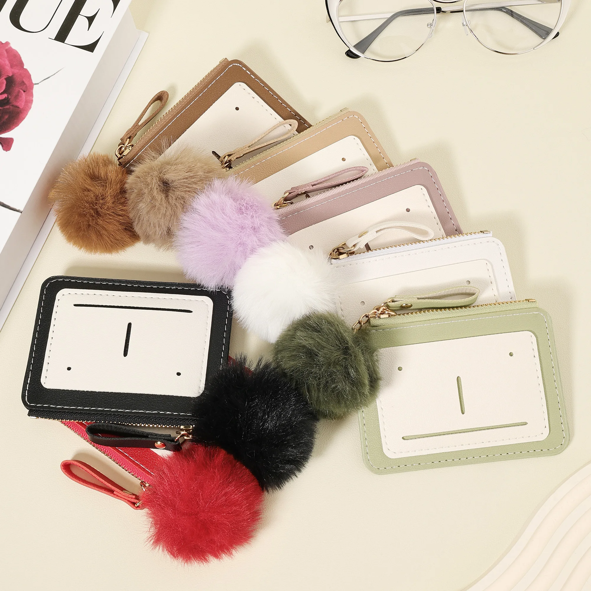 미니 패션 신용카드 홀더, 초슬림 동전 지갑, 여성용 캐주얼 핸드백, 섬세한 폼폼 장식, 고품질