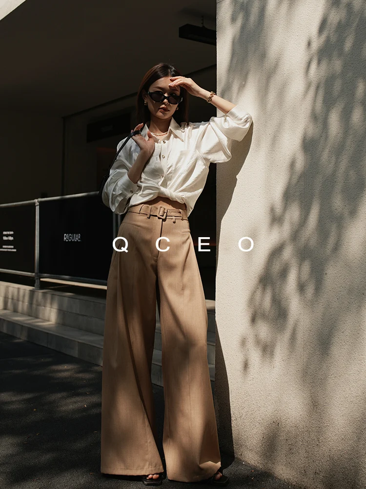 QCEO Wide Leg Pants Women's Loose Fit Casual Trousers Autumn Season Natural Waist Zipper Closure Polyester Fiber Non-Stretch