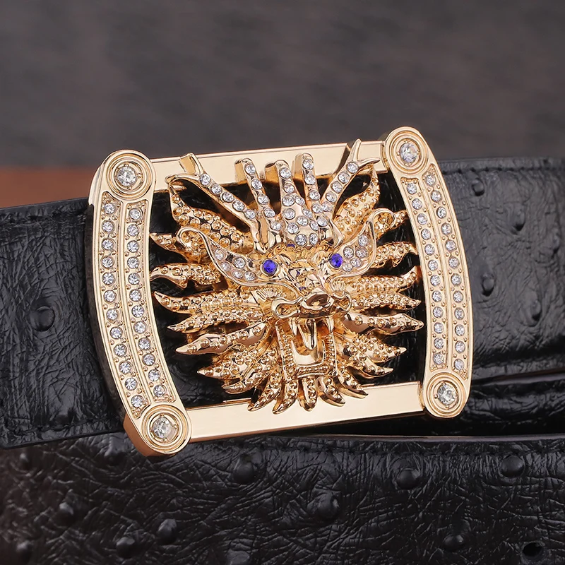 

High quality Chinese Dragon Golden slide buckle fashion designer belts men luxury famous brand 3.8cm Cowskin Waistband