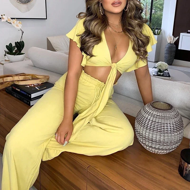 New Yellow Summer Sexy Off Shoulder Sleeveless Bow Tie Sets Women Elegant Strapless Tops Loose Print Pants Sets Casual Home Wear