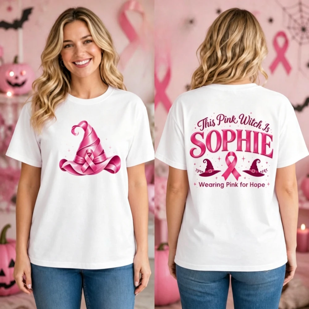 Women Custom Name This Pink Witch Is Wearing Pink for Hope T Shirt Breast Cancer Awareness Pink Ribbon Witch Hat Graphic Tee Top