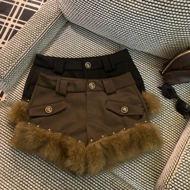 Women's Autumn Winter Faux Fur Hem Shorts Lady Streetwear Solid Color Fluffy Short Pants