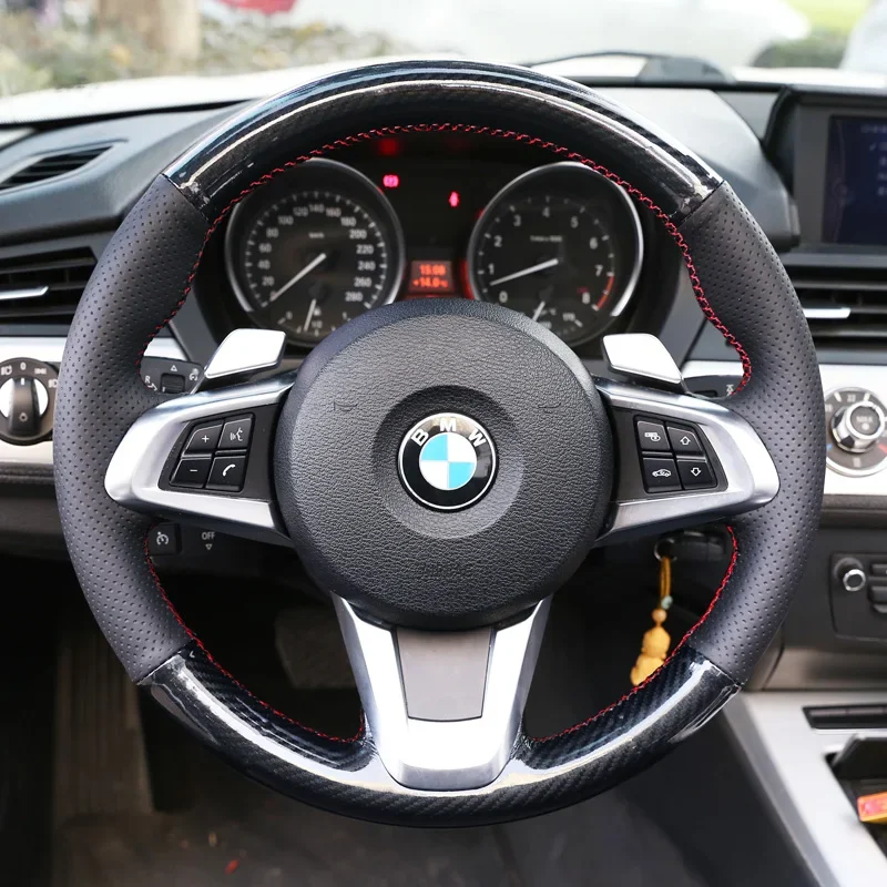 

Для BMW Z4 E89 2009-2014 ручная прошивка из черного углеродного волокна, нескользящий чехол на руль автомобиля из натуральной кожи