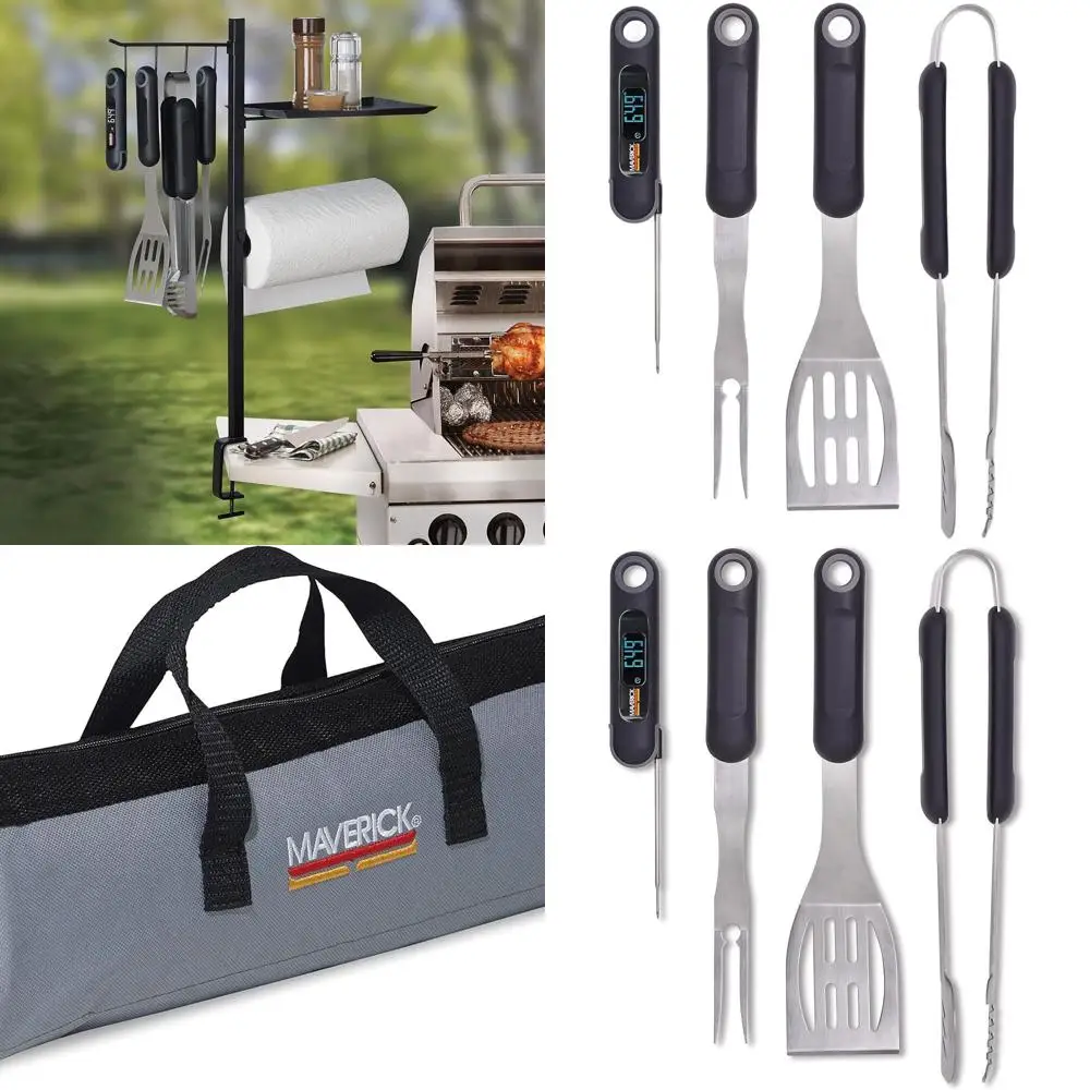 

Stainless Steel BBQ Tool Kit with Bag, Built-in Thermometer, Heavy Duty Grilling Utensils, Spatula, Tongs - AK-75