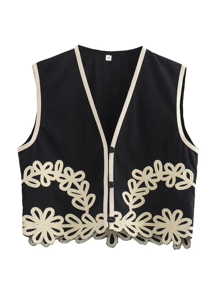 

V-Neck Sleeveless Black Tops for Ladies, Elegant Embroidery Decoration, Single Breasted Loose Vest, Casual Summer Vest, 2024