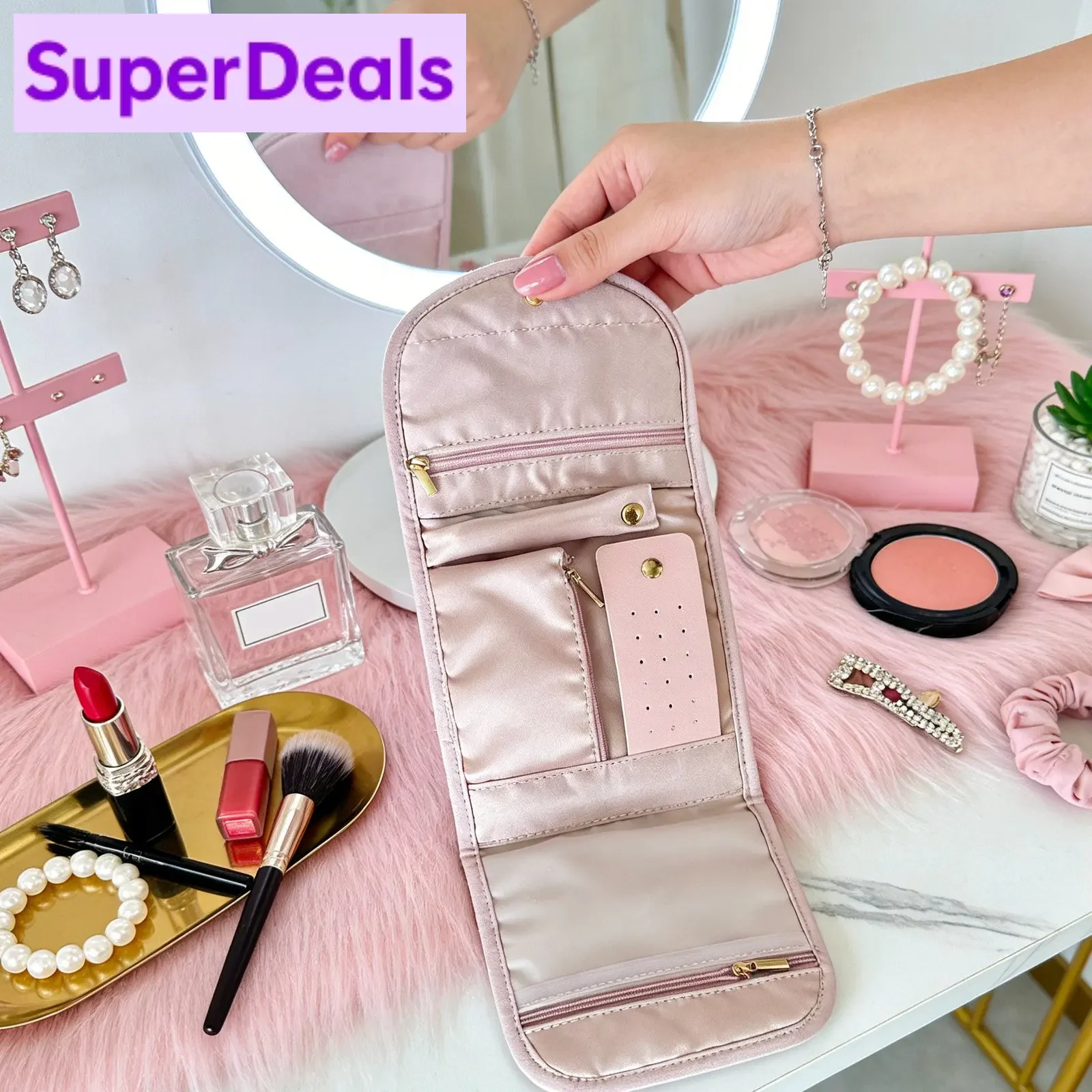 حقيبة تنظيم لفة مجوهرات السفر الأنيقة - لفة صغيرة قابلة للطي مع مقصورات آمنة للخواتم والقلائد والأقراط، ناعمة