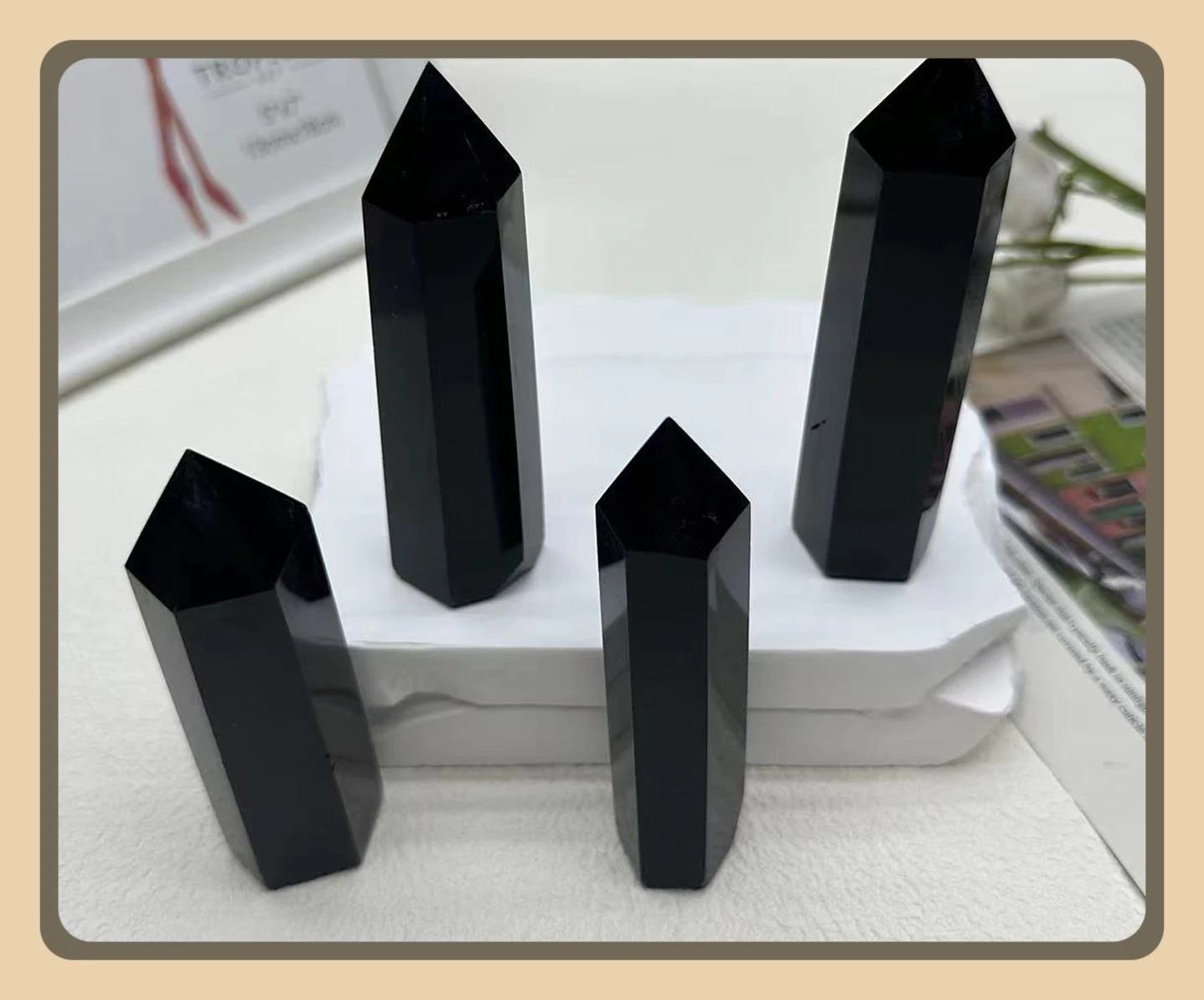 Beautifully Crafted Donghai Natural Crystal Obsidian Hexagonal Column Energy Rock, Single-point Polished Figurine