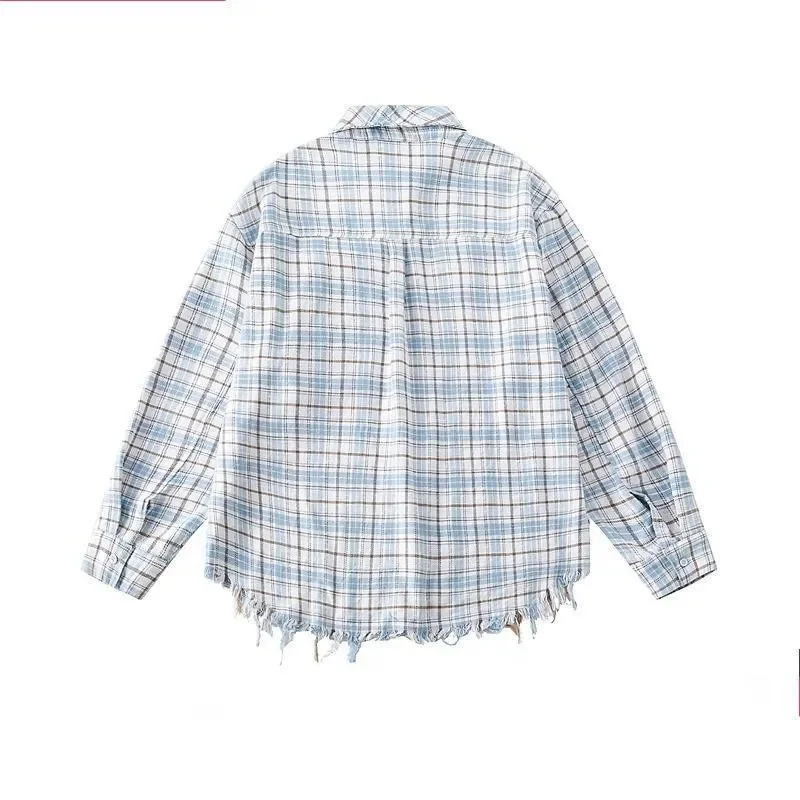 Vintage American Style Fringe Plaid Distressed Long Sleeve Shirt Casual Loose Fit Spring Season Couple Jacket