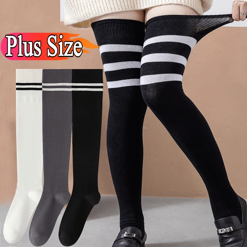 Womens Striped Thigh High Stockings Girls Plus Size Cotton Long Over Above Knee Socks Cosplay Lolita Y2k  Hosiery Thighs Sock