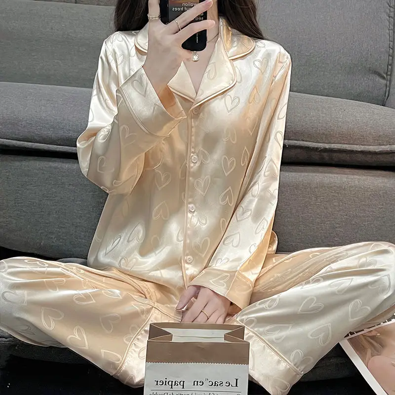 Ice Silk Pajamas for Women Spring and Autumn Pijama Long Sleeves 2025 New Soft Comfortable Kawaii Clothes Sleepwear Women 2pcs