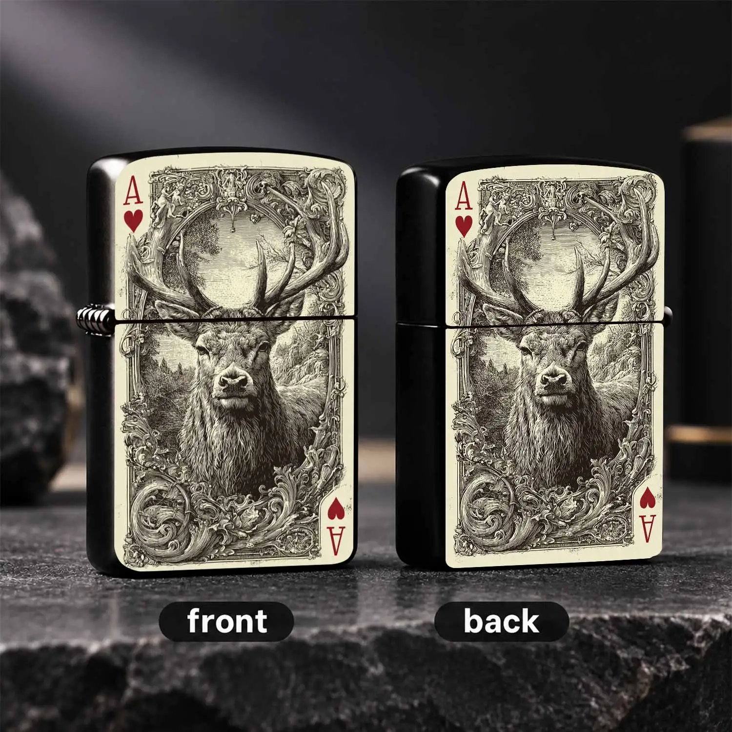 Vintage Engraved Stag Ace of Hearts Themed Lighter, Artistic Carved Playing Card Style Portable Item, Suitable for Outdoor Trips Daily UseGifting Multi-scene Exquisite Creative Present  A Humorous And Interesting Lighter