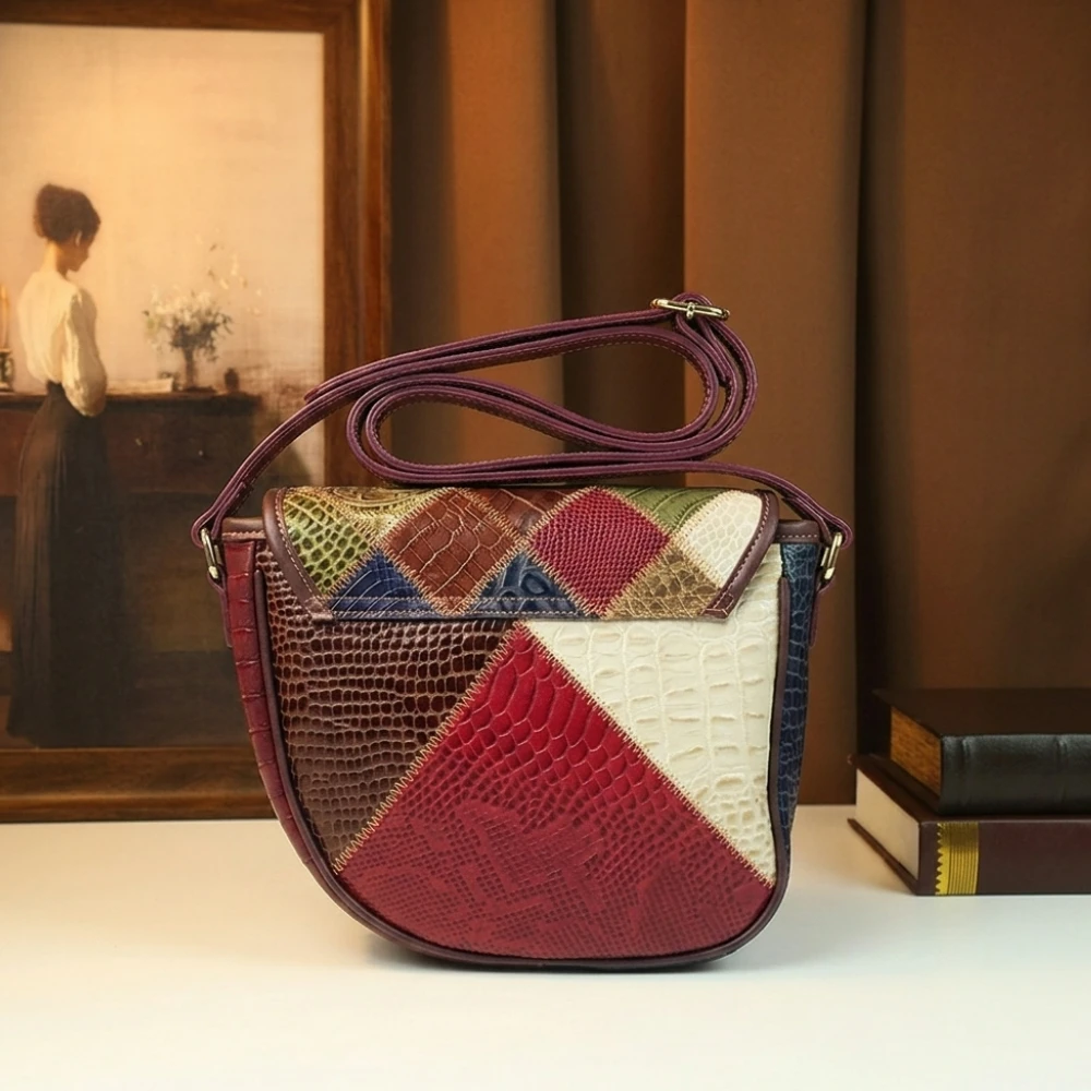 Genuine Leather Patchwork Crossbody Bag for Women Colorful Crocodile Snake Print Shoulder Bag Vintage Boho Ethnic Saddle Bag view 3