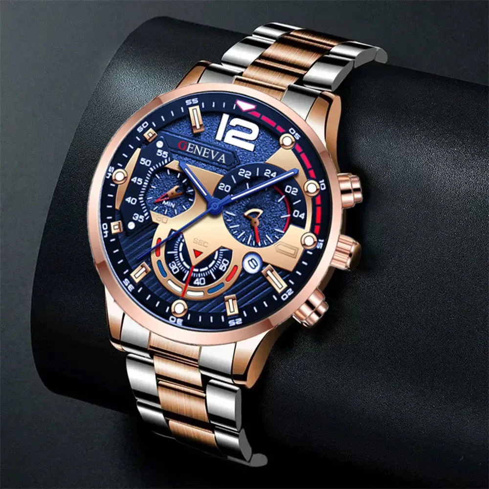 New Geneva Leisure Business Men\'s Watch Fashion Three Eyes Military Quartz Watch Stainless Steel Waterproof Gentleman Wristwatch