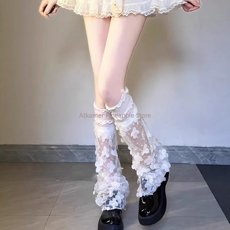 Fashionable Butterfly Floral Leg Warmers for Women Fairycore Sheer Lace Mesh Boot Covers Ruched Over Knee Footless Socks