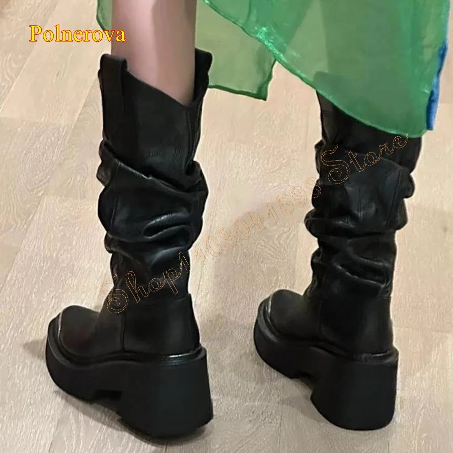 Pleated Leather Boots for Women,Thick Soled Round Toe Chunky Heel Mid Calf Boots Motorcycle Boots 2023 New Zapatos Para Mujere