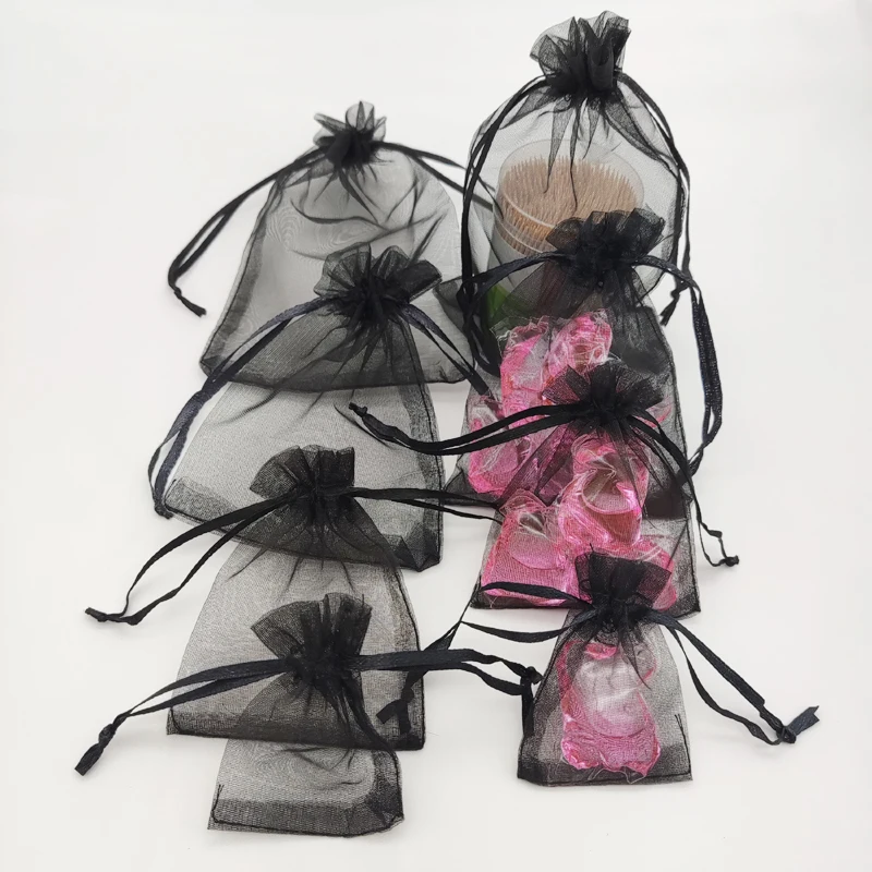 100pcs Black Gift Bag Packaging Storage Bag Jewlery Gift Pouch Bags Organza Gift Bags Christmas Drawstring Organza Pouch Sachet