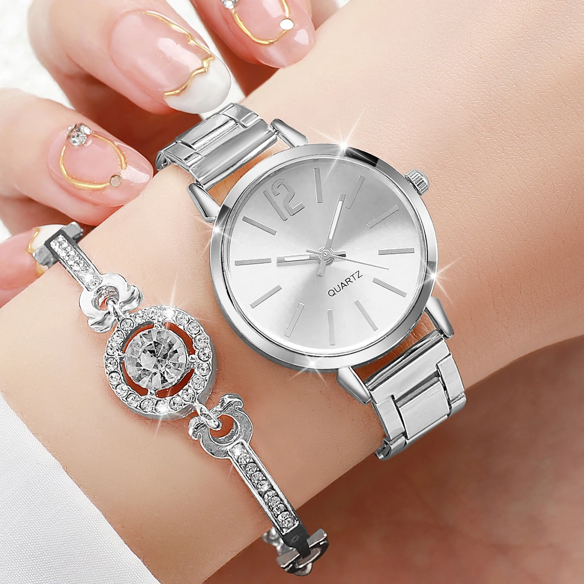 6PCS/Set Women Watches Fashion Stainless Steel Band Quartz Watch Diamond Jewelry(Without Box)