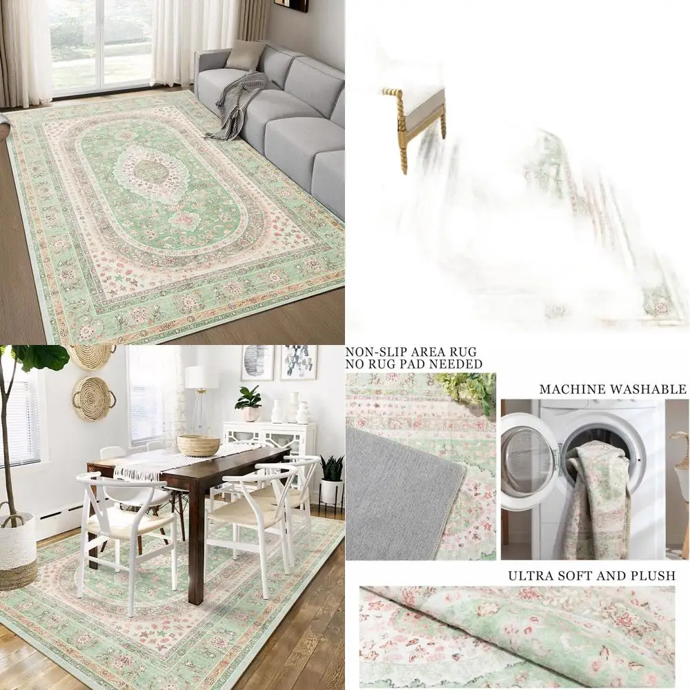 Alfombra grande 5x7 lavable verde Boho Vintage desgastada oriental para sala de estar, dormitorio, cocina - Sage Blush Floral