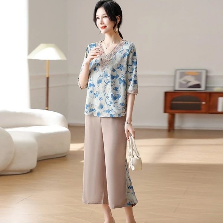 Summer 2 Piece Sets Women Casual Outfit Elegant Loose Wide Leg Pants and V-Neck Half Sleeve Short Sleeve Blouse Women Pant Sets