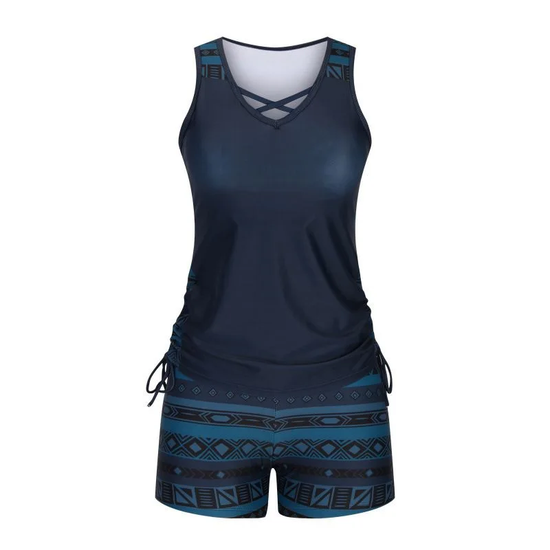 Women Tankini Bikinis Set Crisscross Front V Neck Drawstring Ethnic Aztec Geometric Print Boyshort 2 Piece Bathing Suit Swimwear