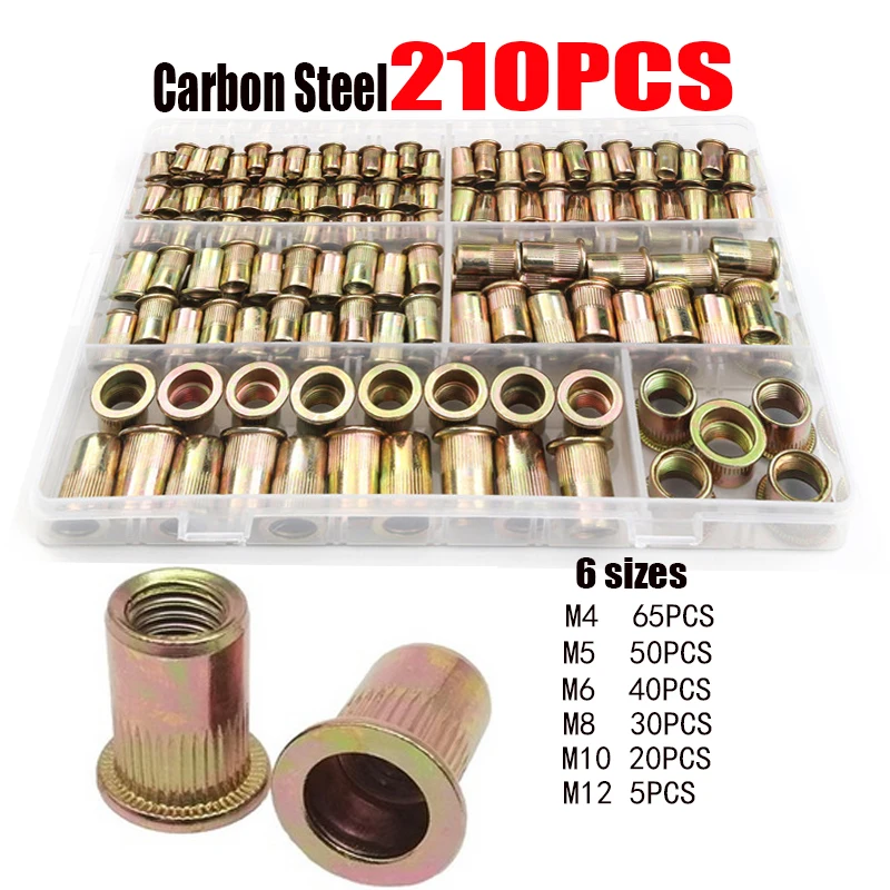 Flat Head Rivet Nuts Set, aço carbono Rivet Nuts, Hardware, multi tamanhos, Inserção, M4, M5, M6, M8, M10, M12, 210, 165, 100pcs, caixa