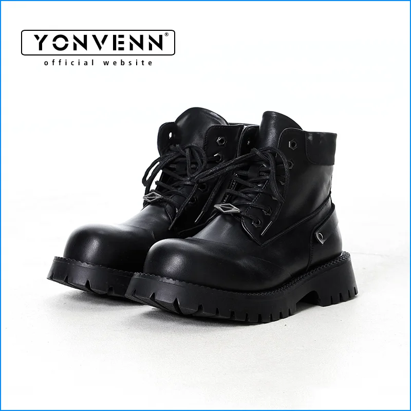 

Short leather boots men's autumn and winter new style thick sole height increasing black zipper outdoor work shoes