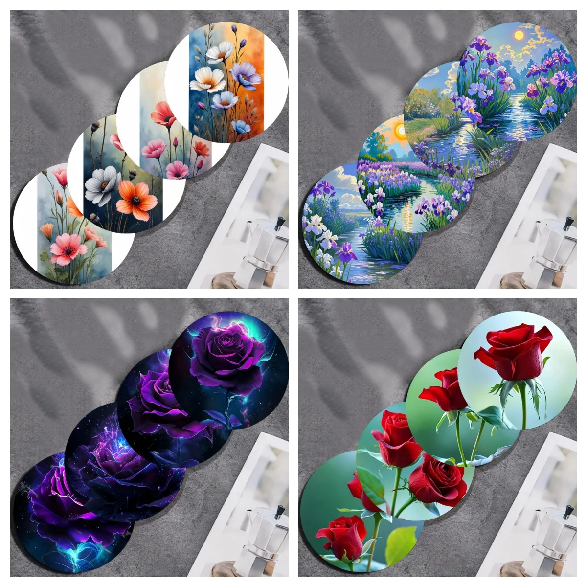 4 Stück/Set mehrfarbige Blumenuntersetzer, rutschfeste Holzuntersetzer, geeignet für Küche, Büro und Party-Dekoration