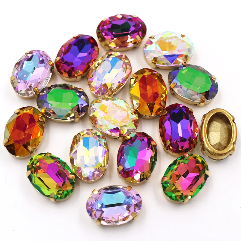 Clothing Accessories Oval Shape Glass Crystal Stones Golden Claw Setting Plating AB Rhinestones Sew On Garment/Shoes/Bag