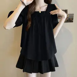 Solid T-Shirts Bow Pleated Office Lady Summer Thin Casual Korean Temperament Sweet Square Collar Short Sleeve Women's Clothing