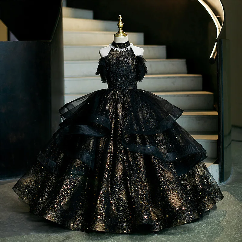 

Kids Girls Black Birthday Party Dress Children Puffy Tulle Princess Gown for Host Piano Performance Fashion Show Pageant Dresses