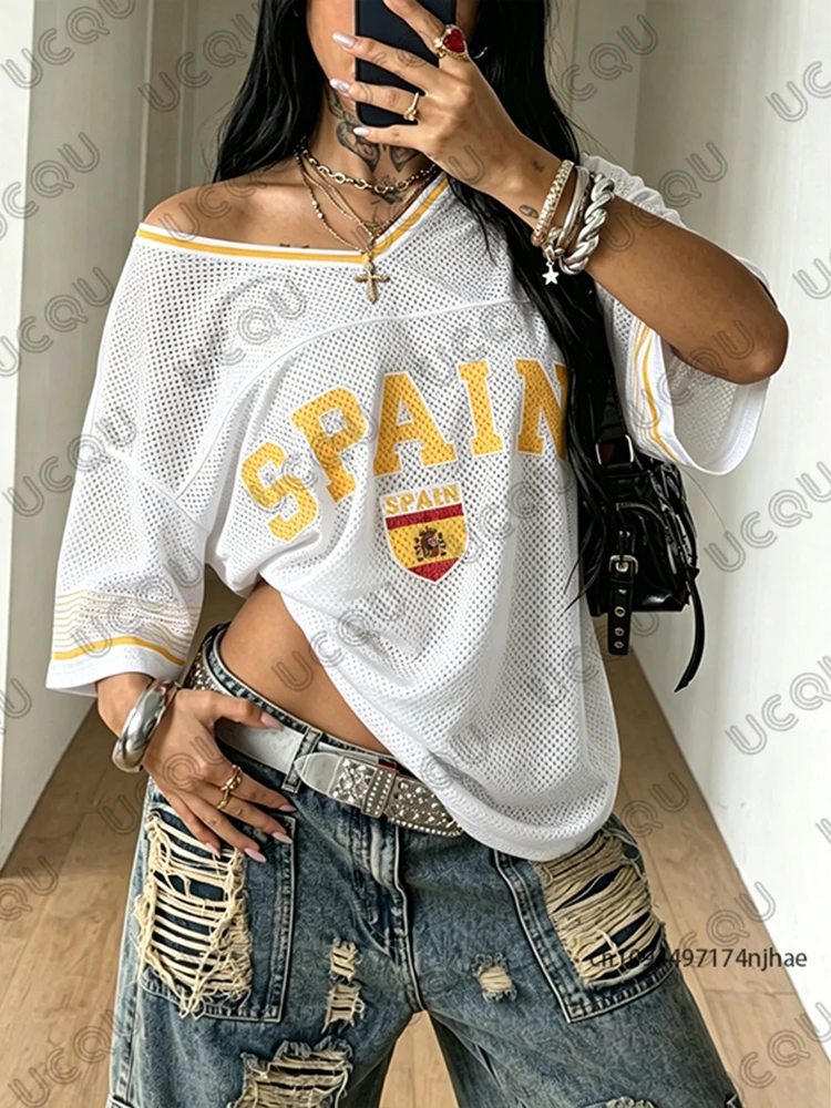2026 Sommer Neues Spanien-Flaggen-Print T-Shirt für Damen V-Ausschnitt Kurzarm Tees Fußballtrikot Y2k Locker Übergroße Sport-Tops – Detail 8