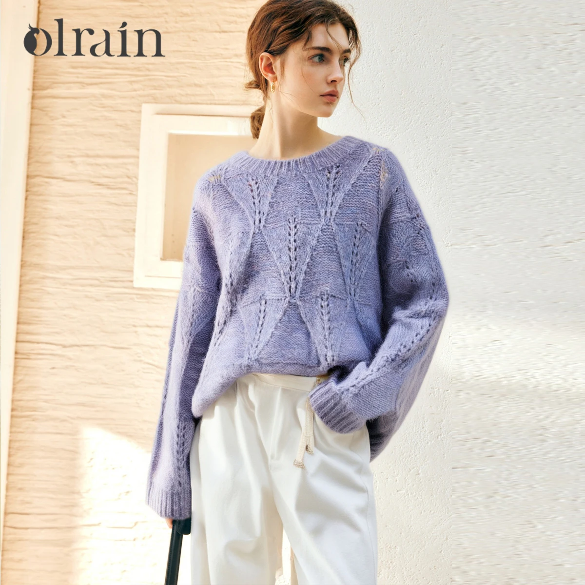 OLrain Women's Casual Sweaters 2025 Autumn New in Solid O-neck Diamond Jacquard Pullovers Commute Loose Knitted Tops O57QM001060