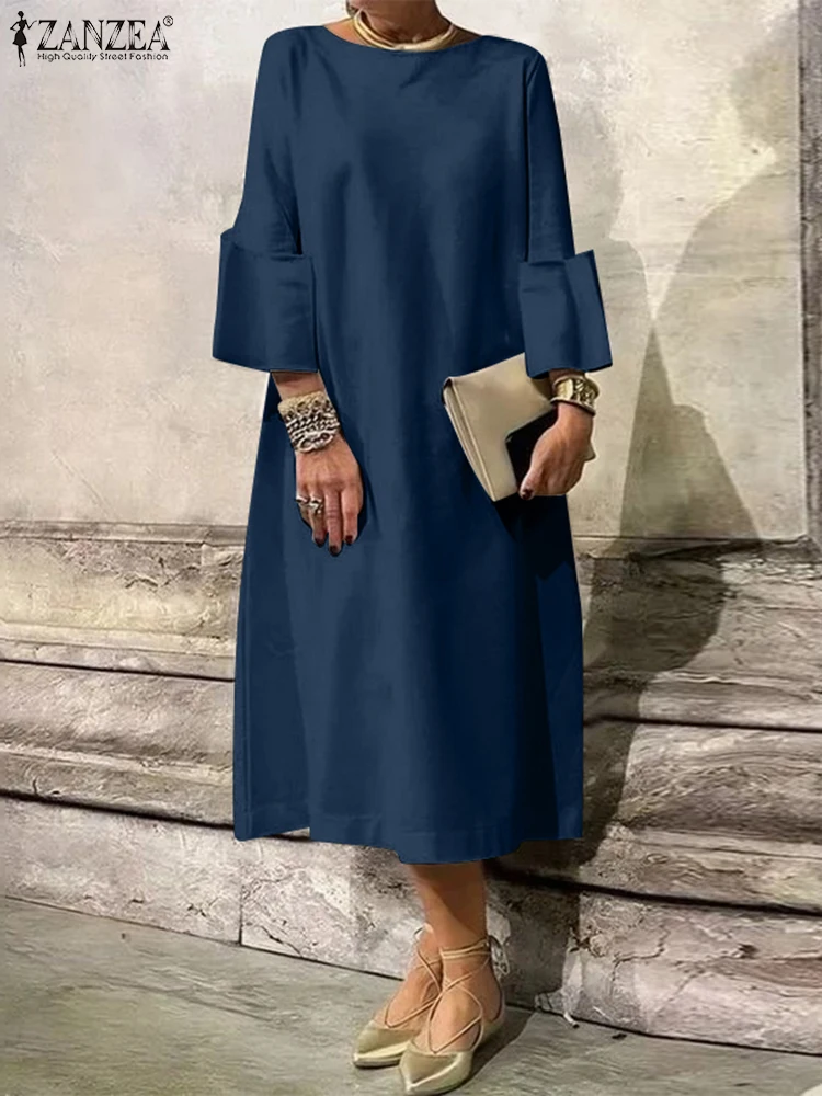 Casual Loose 3/4 Sleeve Sundress ZANZEA Women Fashion Solid Dress Elegant O-neck Midi Robe 2024 Autumn Holiday Simple Vestidos