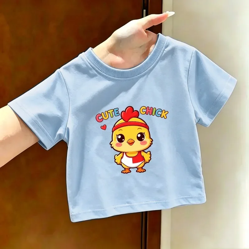 2026 Summer New Cartoon Chicken Printed Children's T-shirt Fashion Trend Soft Skin Friendly Round Neck Parent Child T-shirt