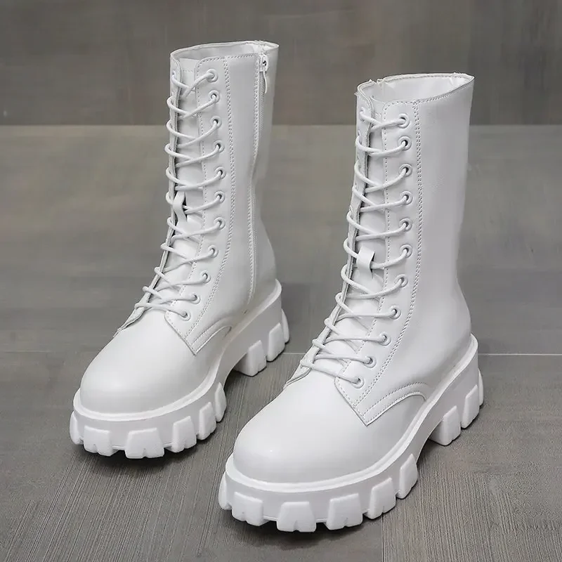 2024 Winter Shoes Women White Boots Autumn Fashion PU Leather Platform Gothic Boots Punk Combat Mid-Calf Boots for Women Booties