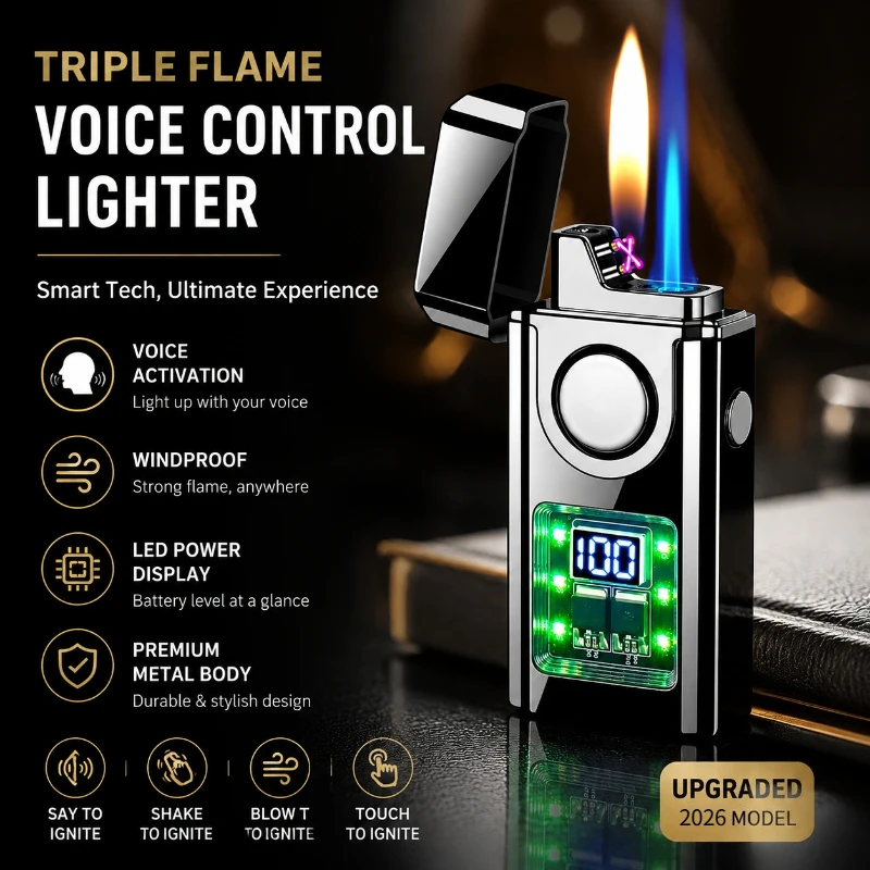 Intelligent Voice Control 3 Flame Butane Gas Lighter Creative Open Flame And Jet Blue Flame Dual Arc Pulse USB Electric Lighters
