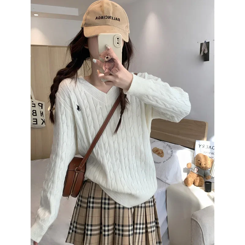 Women's Clothing Solid Embroidery V-neck Sweater Autumn Winter New Loose Casual Solid Preppy Style Pullover Thick White Wool Top