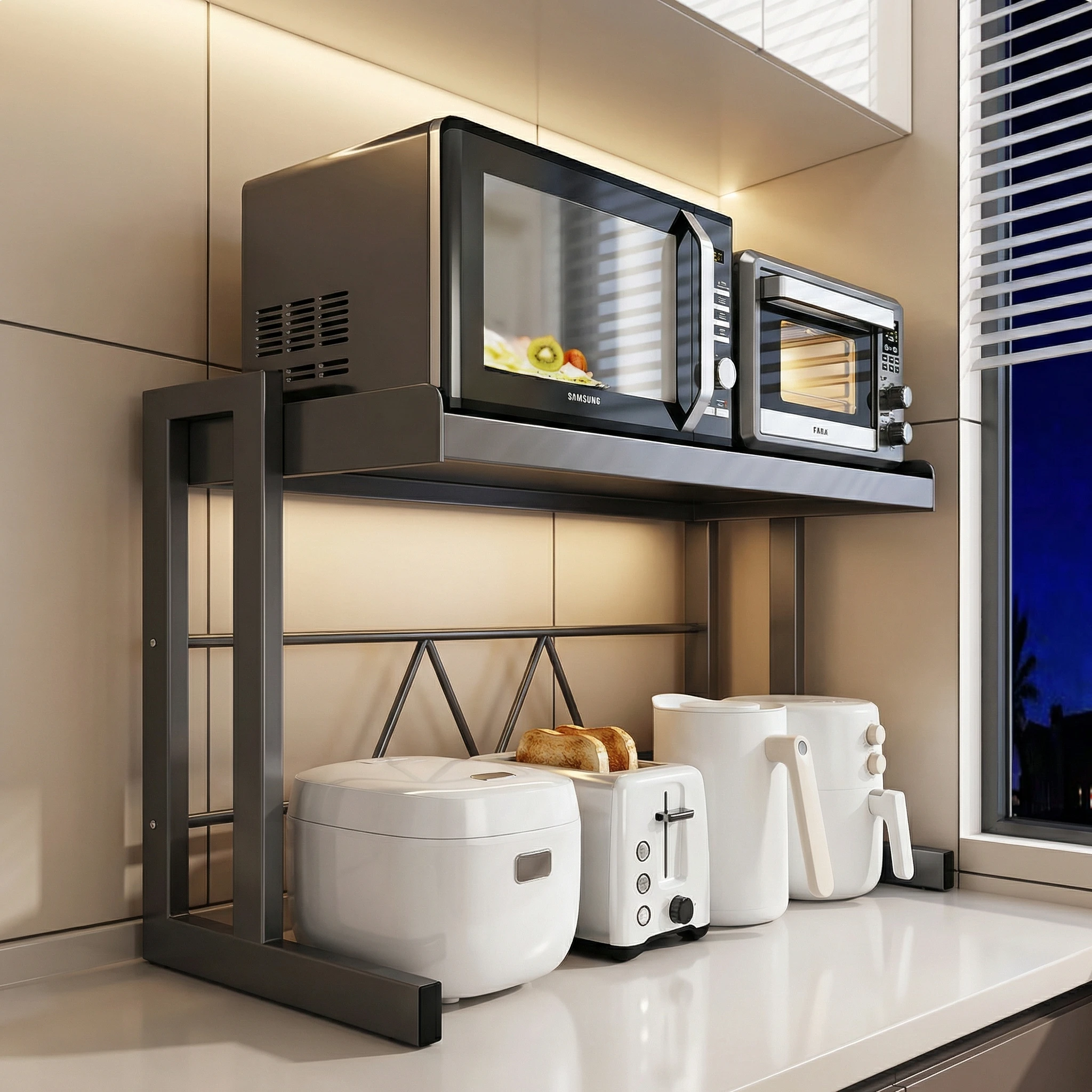 integrated-kitchen-counter-microwave-oven-rack-multi-function-rice-cooker-baking-oven-storage-shelf-adjustable-height