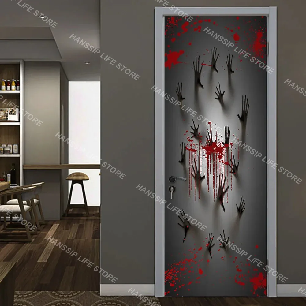 Halloween Horror Ghost Door Sticker Removable PVC Waterproof Door Sticker Living Room Home Decoration Lifelike Bloody Hand Mural - view 3