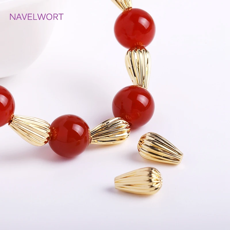 Trendy 14K Gold Plated Teardrop Beads Brass Metal Plicated Spacer Beads For Bracelet Necklace Making Accessories Wholesale