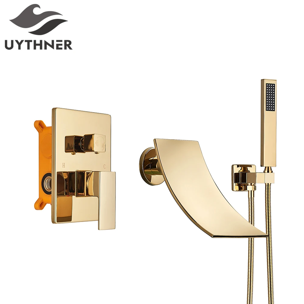 

Golden Bath Shower Faucet Waterfall Spout Bathtub Faucet Wall Mounted Bathtub Mixer Tap Concealed Shower Set