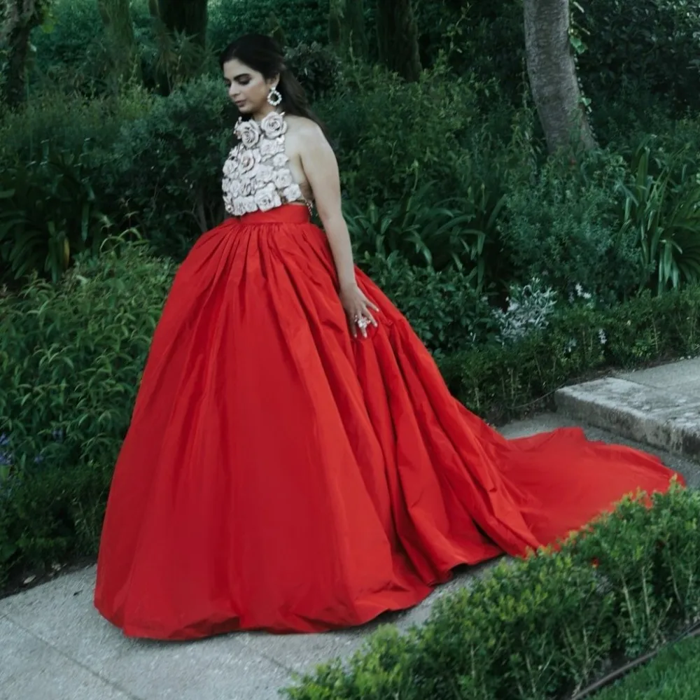 Red Ball Gown Long Satin Skirts Without Top Women Female Skirts  Women Saias Long Train High Waist Birthday Party Skirt