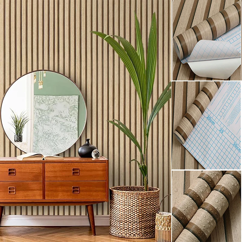 Brown pvc grille wood grain peeling imitation wood wallpaper self-adhesive detachable bedroom living room striped contact paper