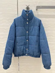 2024 New Fashion Winter Cotton Liner Warm Coat Women Turtleneck Long Sleeve Quilting Blue Denim Vintage Loose Chic Jacket