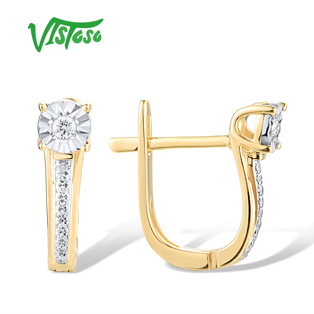 VISTOSO Genuine 14K 585 Two Tone Gold Earrings For Women Sparkling Diamond Exquisite Wedding Anniversary Gifts Fine Jewelry