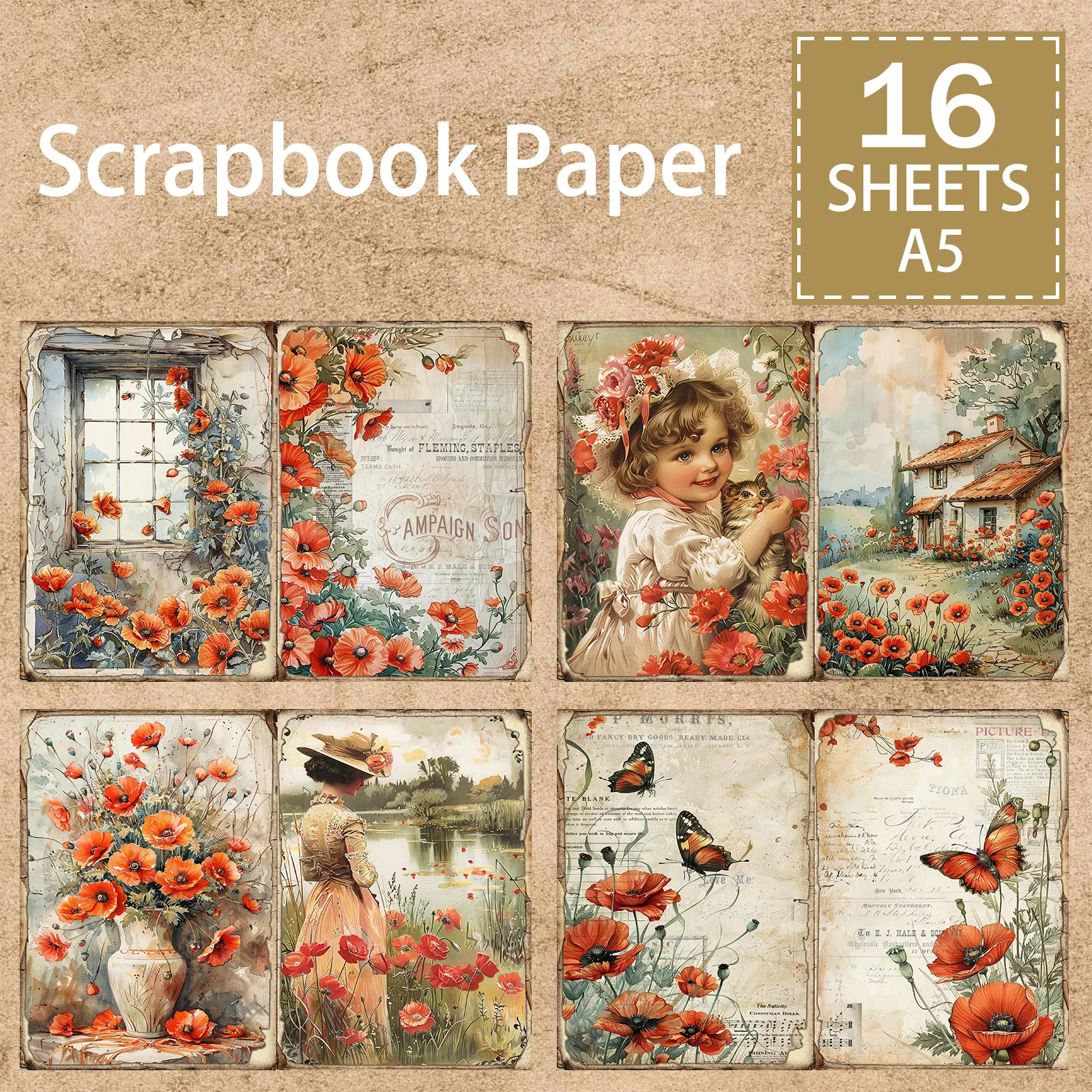 16 Sheets A5 Size Garden Nature Scenery Flowers Children Background Vintage Grunge Journal Planning Scrapbooking