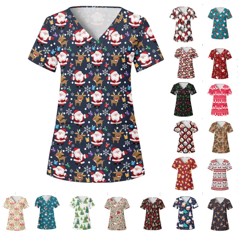 2023 New Christmas Cartoon High Quality V-neck Printed Elastic Short Sleeve Nurse Dress Women Pocket T-shirt Shirt Uniform