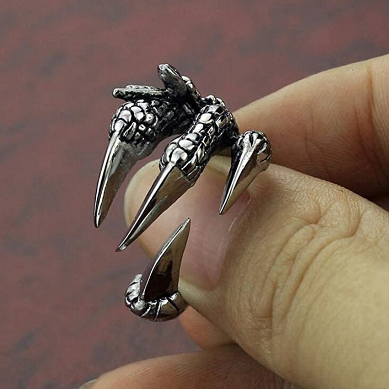 Vintage Stainless Steel Silver Dragon Claw Adjustable Opening Ring Tibetan silver Eagle Animal Rings for Men Women Punk Jewelry