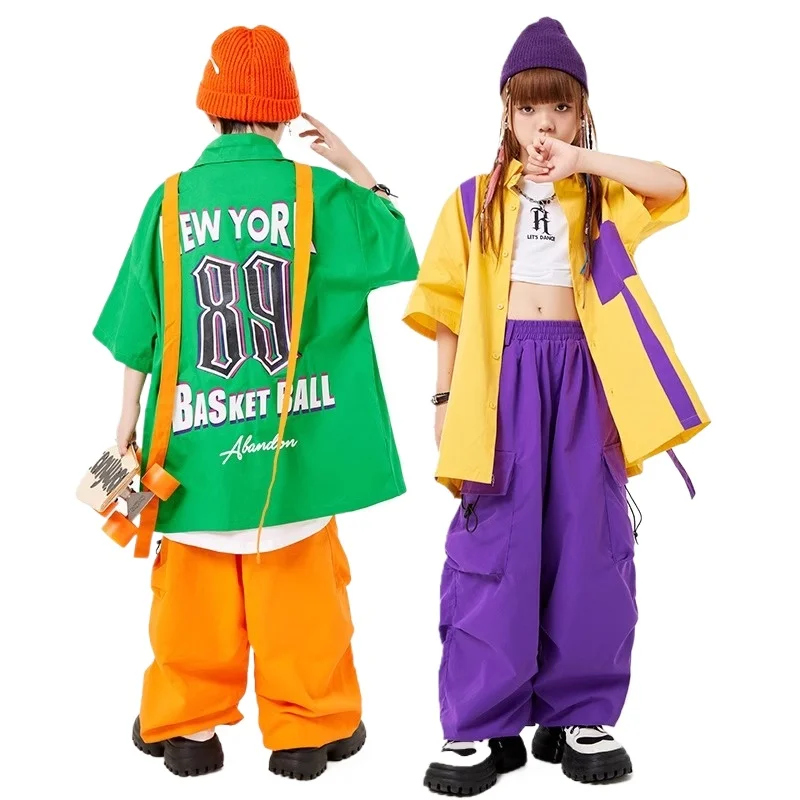 

Красочная контрастная свободная рубашка в стиле хип-хоп для девочек, брюки-карго, комплект одежды для уличных танцев для мальчиков, детская уличная одежда, детский костюм для джаза в стиле K-pop